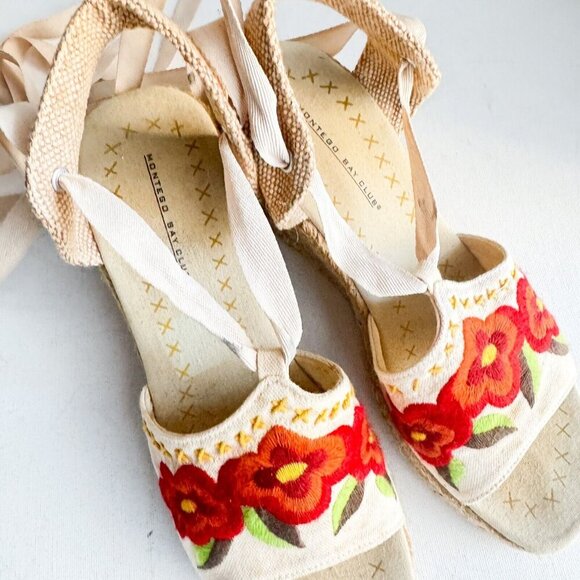 Embroidered Canvas Ankle Tie Wrap Wedge Espadrilles 9 - Picture 4 of 8